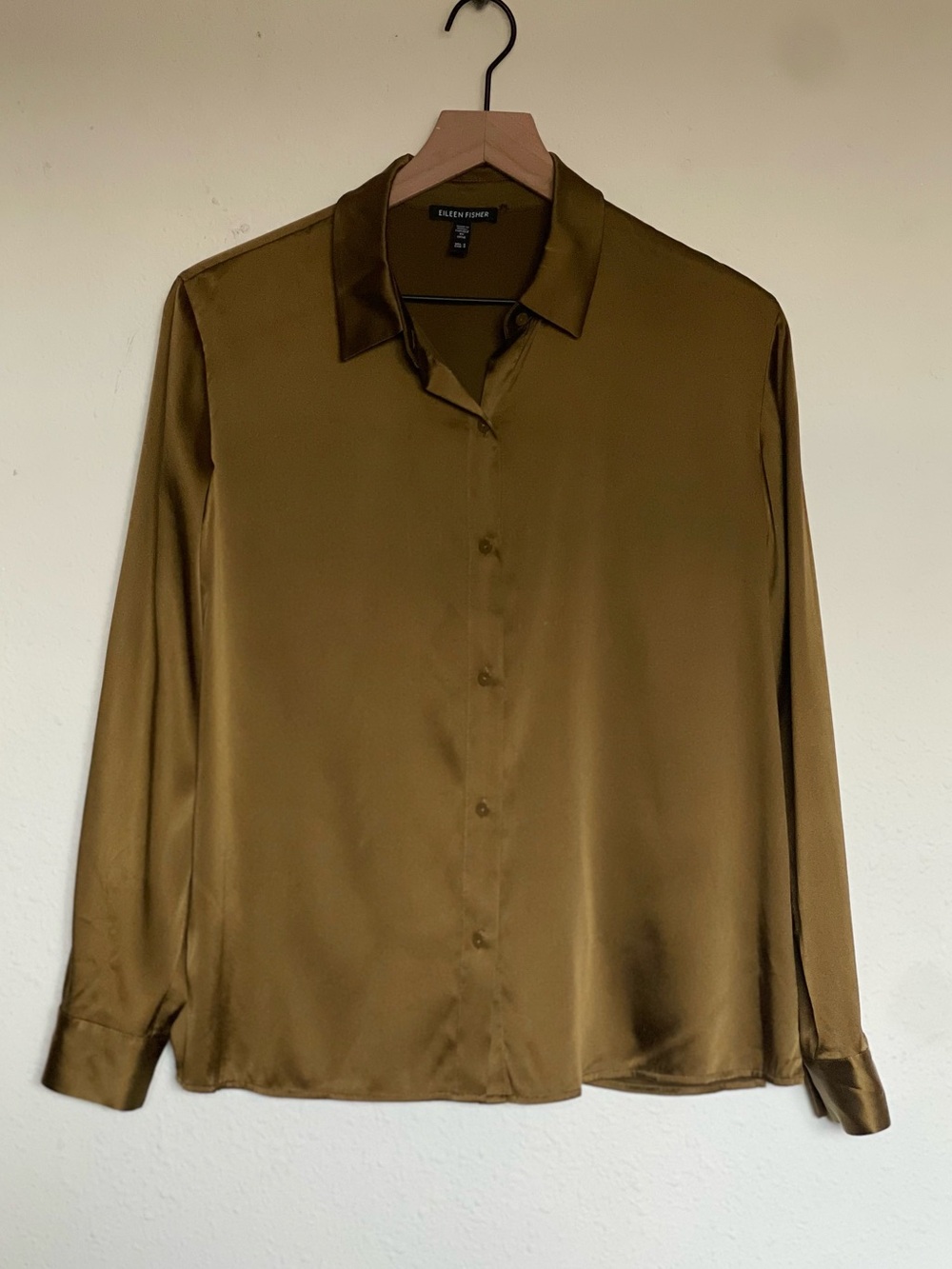 Eileen Fisher Liquid Gold Olive Bronze Leaf Stretch Silk Charmeuse Blouse Size M
